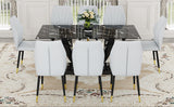 English Elm Black Marble Pattern Tempered Glass Dining Set - 71"X35.4" With 8 Light Gray Pu Chairs With A Widened Backrest Design.