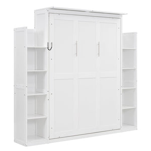 English Elm Full Size Murphy Wall Bed with Led Lighting Side Storage Cabinets and Slatted Support White LP000694AAK-1