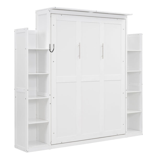 English Elm Full Size Murphy Wall Bed with Led Lighting Open Shelves Space Saving Cabinet White LP000694AAK-2
