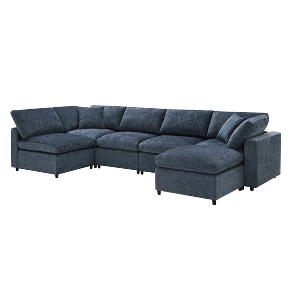 English Elm [new Sku] Chenille Modular Sectional Sleeper Sofa with Ottoman Six Seat U Shape Living Room Dark Blue N723S8583K