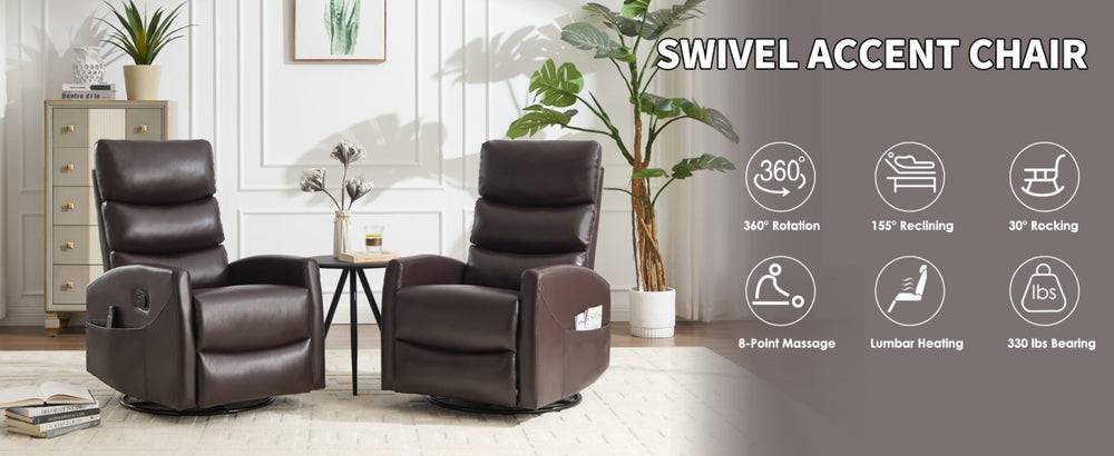 English Elm Heat Massage Rocker Swivel Recliner with 8-node Vibration and Lumbar Relief W3224P321865