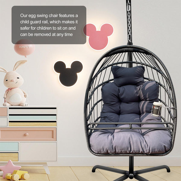 English Elm Swing Egg Chair with Stand - Foldable Wicker Rattan Hanging Basket, Safety Guardrail & Cup Holder Black W2707P184391