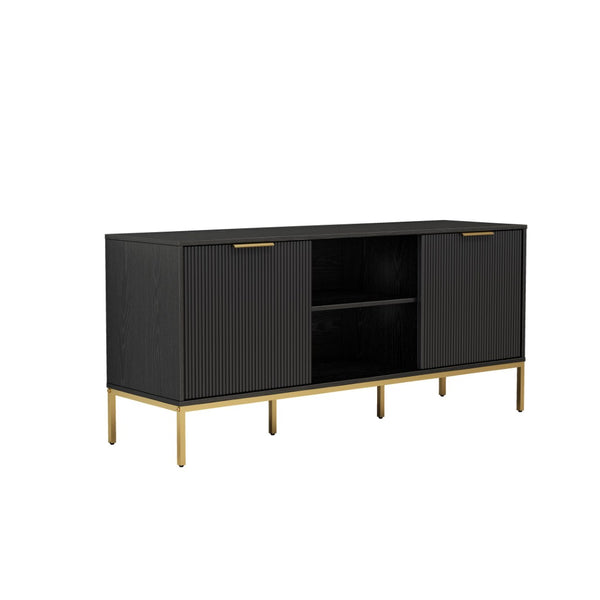 English Elm Modern Wave Door Media Console with Gold Legs Soft Close Hinges and Open Shelf W3151P407896