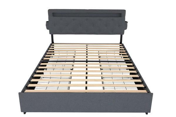 English Elm Queen Upholstered Bed Frame with Headboard, USB Charging, RGB LED Lights & 4 Storage Drawers, Dark Gray W1960P175566