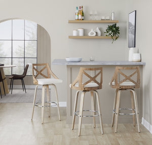 English Elm Fixed-height Swivel Barstools Whitewashed Wood Faux Leather Seat Chrome Footrest Set 2 B202S01890