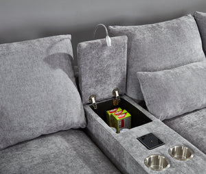 English Elm Modern Sectional Sofa with Console USB Charging and Reading Light, Velvet Microfiber, Solid Wood Frame Light Gray B205S00084