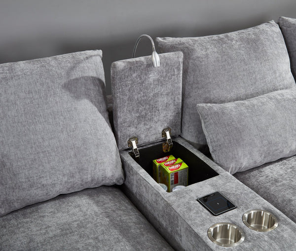 English Elm Modern Sectional Sofa with Console USB Charging and Reading Light, Velvet Microfiber, Solid Wood Frame Light Gray B205S00084