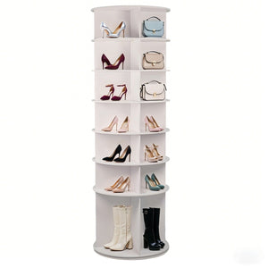 English Elm 7 Tier Rotating Shoe Rack Tower with Boot Slot, 360° Spinning Organizer Holds 28 Pairs, White W3204P300607
