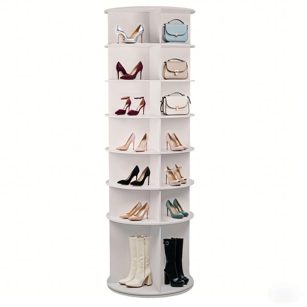 English Elm 7 Tier Rotating Shoe Rack Tower with Boot Slot, 360° Spinning Organizer Holds 28 Pairs, White W3204P300607