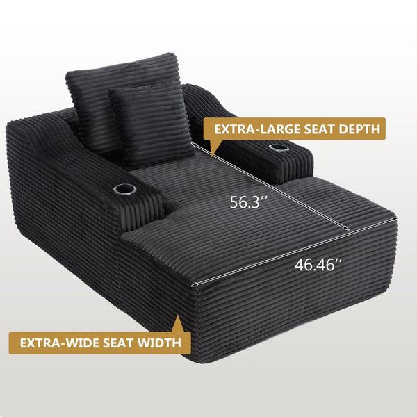 English Elm 67" Corduroy Oversized Chaise Sleeper Sofa Deep Seat Boneless Lounge with Cup Holder Pillows Black W1803P409253