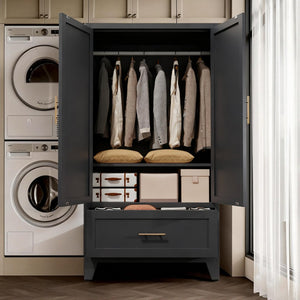 English Elm 60" Powder-coated Steel Wardrobe with Hanging Rod Drawer and Shelf for Slim Spaces W3387P396209