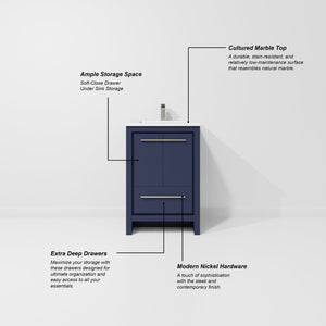 English Elm Navy Blue Bath Vanity With Cultured Marble Top & Gun Metal Faucet Set - Stylish & Functional Design B2731P259252