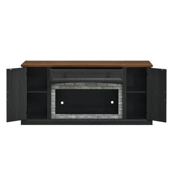 English Elm Elegant Walnut Media Console with Gray Brick Base Open Bay and Adjustable Shelving Black N721P394506B