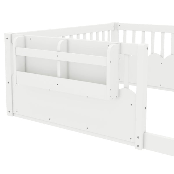 English Elm Twin Low Profile Kids Floor Bed Pine Wood Frame with Safety Rail and Built in Bookshelf White W1580P373138
