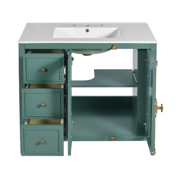 English Elm 36-inch Modern Bathroom Vanity Pine Frame Ceramic Sink 3 Drawers Glass Door Cabinet N710P223192F