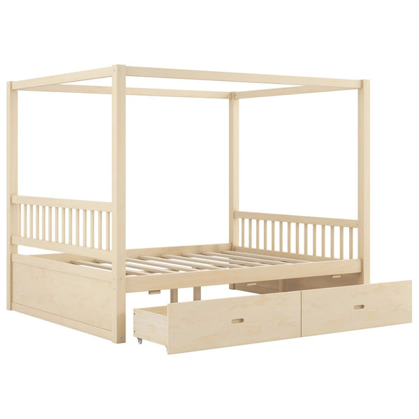 English Elm Wooden Canopy Queen Bed Solid Frame with Built-in Storage Drawers Slatted Base Natural N7090005036N