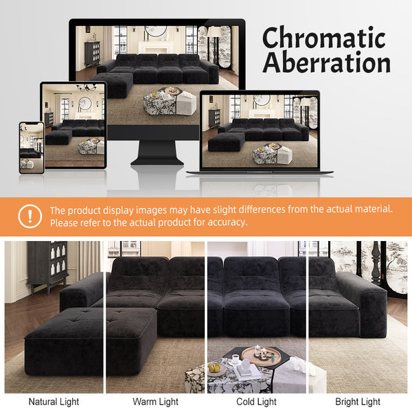 English Elm 143.7" Modern Modular Sectional Sofa Set with Removable Ottoman, Tufted Sparkling Chenille, Deep Seat Comfort Black W3219S00004