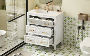 English Elm 30'' Bathroom Vanity with Ceramic Sink, Solid Wood Frame Retro Style Vanity with 3 Drawers & Gold Handles White N710P246209K
