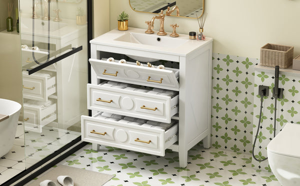 English Elm 30'' Bathroom Vanity with Ceramic Sink, Solid Wood Frame Retro Style Vanity with 3 Drawers & Gold Handles White N710P246209K