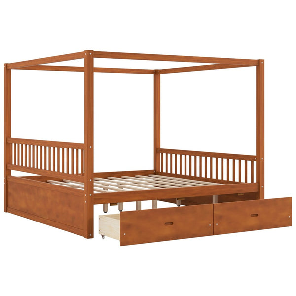 English Elm Wooden Canopy Queen Bed Solid Frame with Built-in Storage Drawers Slatted Base Walnut N7090005037L