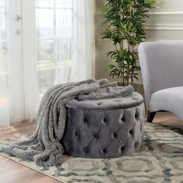 English Elm Christopher Knight Home® - OTTOMAN Velvet Tufted Diamond Stitch Cocktail Seat — Modern Glam Round Pouf, Durable Polyester Finish Grey 59313.00GRY