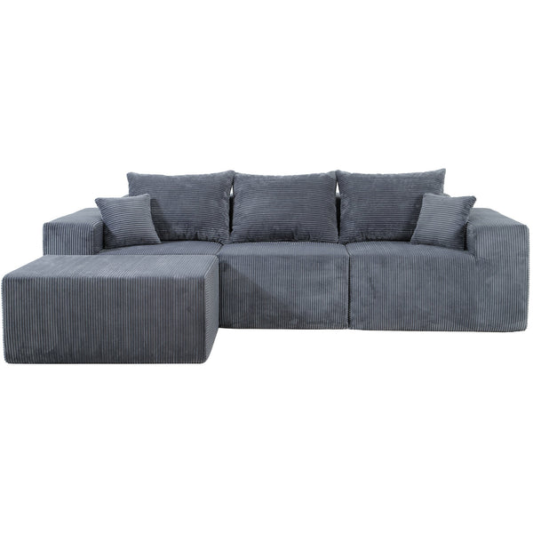 English Elm 4-Piece Modular L-Shaped Sectional Sofa with Corduroy Upholstery, Convertible Chaise, Pillows Included Grey W3163S00037