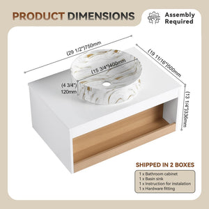 English Elm 30" Floating Wall Mount Bathroom Vanity Open Shelf Ceramic Vessel Sink Modern White Gold+White,White + Light Oak W3450S00058