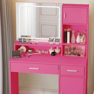 English Elm Vanity LED Mirror Dressing Table with Touch Controls, Large Drawer & Smart Storage for Bedroom Rose Pink W2386P288814