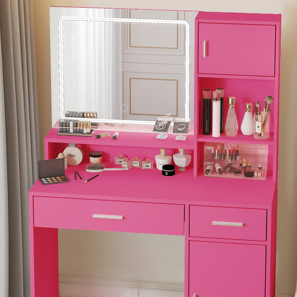 English Elm Vanity LED Mirror Dressing Table with Touch Controls, Large Drawer & Smart Storage for Bedroom Rose Pink W2386P288814