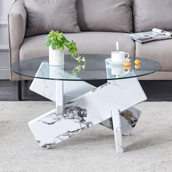 English Elm Round Tempered Glass Coffee Table with Sculptural Mdf Base for Modern Living Rooms White W1151P180316