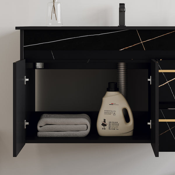 English Elm 35.4 Modern Floating Bathroom Vanity with Faux Marble Sink Top, 2 Soft-Close Drawers, Black Finish W3136S00005