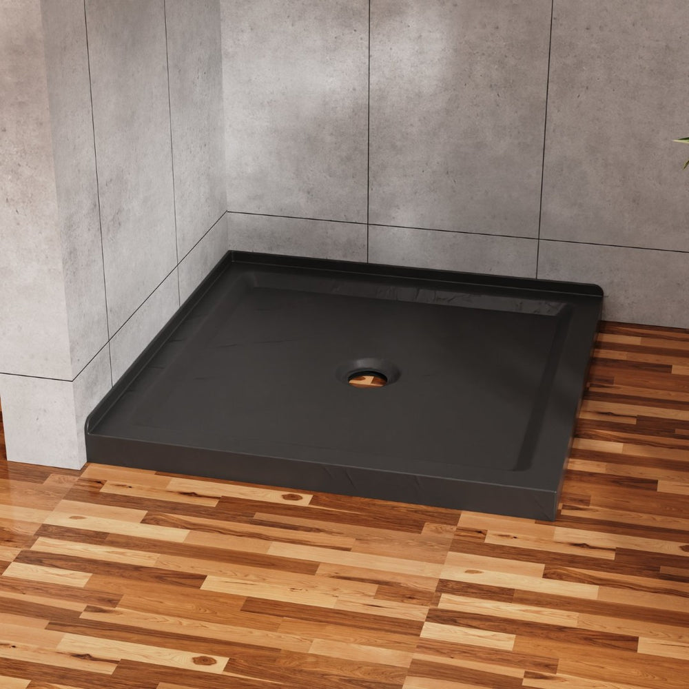 English Elm Goodyo Acrylic Corner Shower Base with Slate Texture Anti-slip Surface Center Drain D163121900