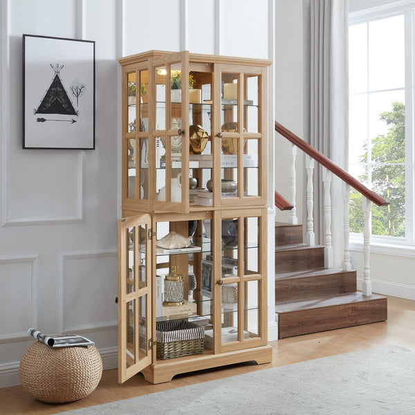 English Elm Curio Clear Glass Display Cabinet with Lattice Doors, Adjustable Shelves, E26 Bulb Included, Vintage Chic Oak W2275P231686