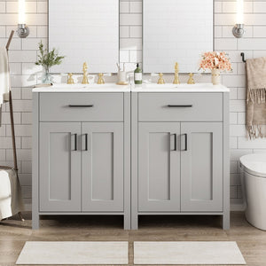 English Elm Modern 48 Inch Freestanding Bathroom Vanity Dual Ceramic Sinks Soft Close Gold Handles Grey N729P000008E