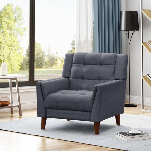 English Elm Mid-century Waffle Tufted Club Chair Solid Wood Splayed Legs Reading Lounge Accent Dark Grey N776P379535D