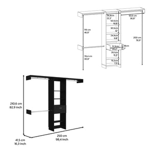 English Elm Closet Adjustable Storage System 70–118" W with Three Hanging Rods, Five Shelves & One Drawer, Engineered Wood Black 82.68 L x 20.87 W x 3.54 H B097S00167