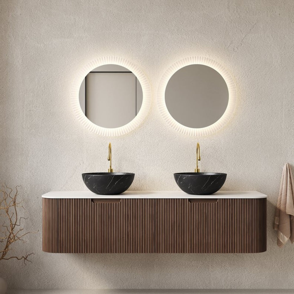 English Elm Dina 60 Inch Floating Bathroom Vanity Sintered Stone Top Dual Glass Basins Wood Grain Black,Carrara White,Dark Walnut W2615S00280