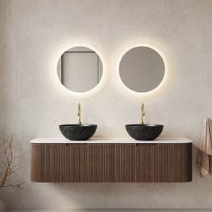 English Elm Dina 60 Inch Floating Bathroom Vanity Sintered Stone Top Dual Glass Basins Wood Grain Black,Carrara White,Dark Walnut W2615S00280