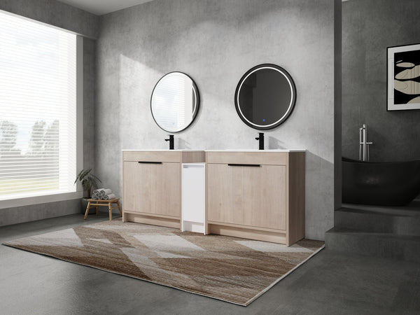 English Elm 84 Inch Freestanding Bathroom Vanity with Integrated Resin Sink, Soft-Close Doors, Shelves & Extra Storage Space Glossy White,Plain Light Oak W999S00320
