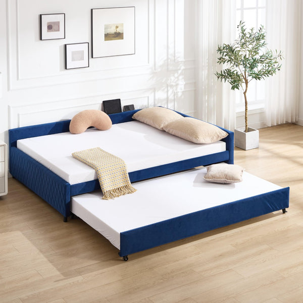English Elm Upholstered Velvet Daybed with Pull Out Trundle Diamond Tufted Guest Bedroom Sofa Navy W1361S00068