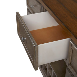 English Elm Rustic Solid Wood Two-Tone Server with Powerpack, Gray Finish, 3 Drawers, Wine Glass & Bottle Storage B2699P208969