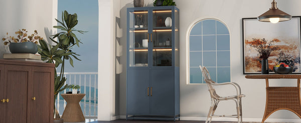 English Elm 76.75'' Steel Curio Cabinet with Led Lights Tempered Glass Doors Vintage Brass Handles SN845P282833C_R