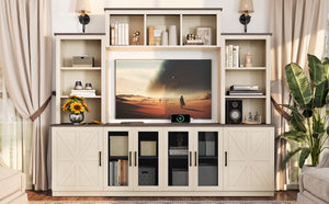 English Elm Wall Unit Entertainment Center with Built in Charging Mdf Media Console Open Shelving Beige W1580S00436