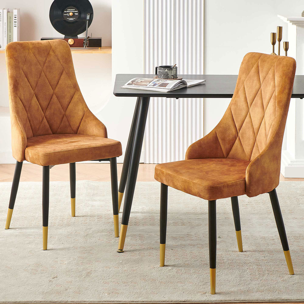 English Elm Brown Velvet Dining Chairs Set of 2 — Modern Armless Side Chairs with Padded Seat, Black Metal Legs, Durable Upholstery W1164P320225