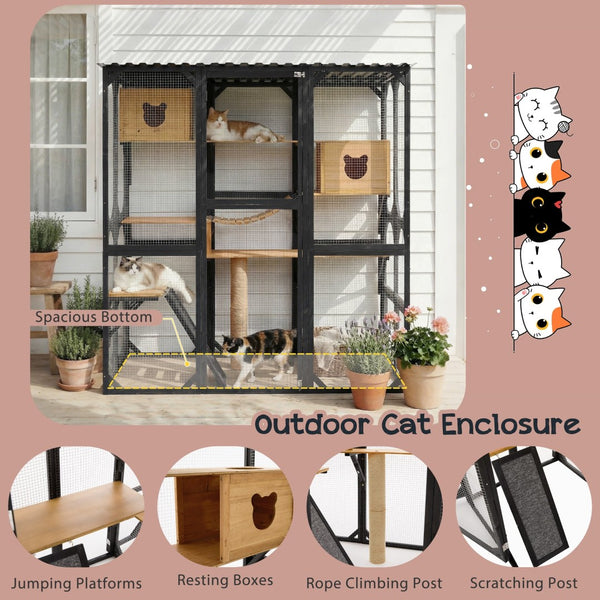 English Elm Outdoor Fir Wood Window Catio Enclosure with Four Climbing Platforms for Cats Black,Natural N719P418377N