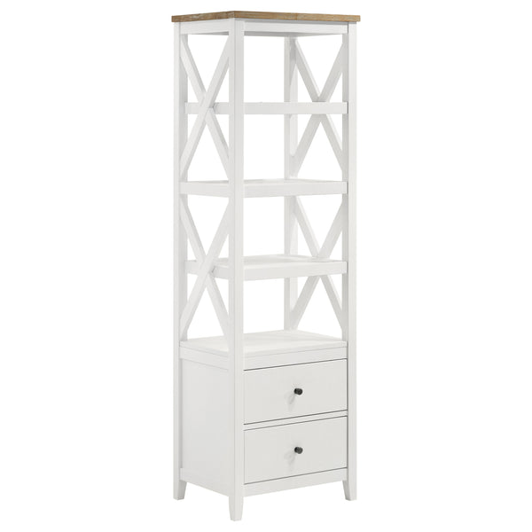 English Elm Delaney White 72" 4-Shelf Bookcase Media Tower with Ash Veneer Top, X-Side Accents & 2 Drawers — Cottage Coastal Farmhouse Charm B062P358338