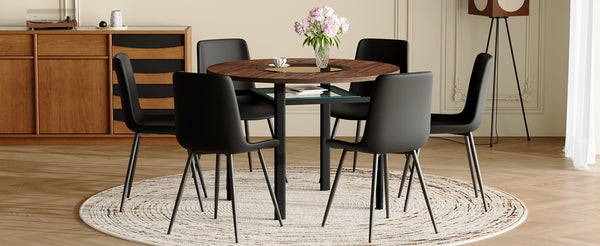 English Elm Table Set 42 Inch Round Wood Grain Glass Inlay with Six Tech-fabric Dining Chairs Brown+Black W1151S04482