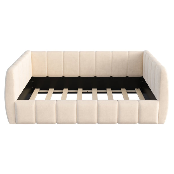 English Elm Upholstered Velvet Toddler Daybed with Removable Guardrails and Solid Slat Support Beige N899P452426A