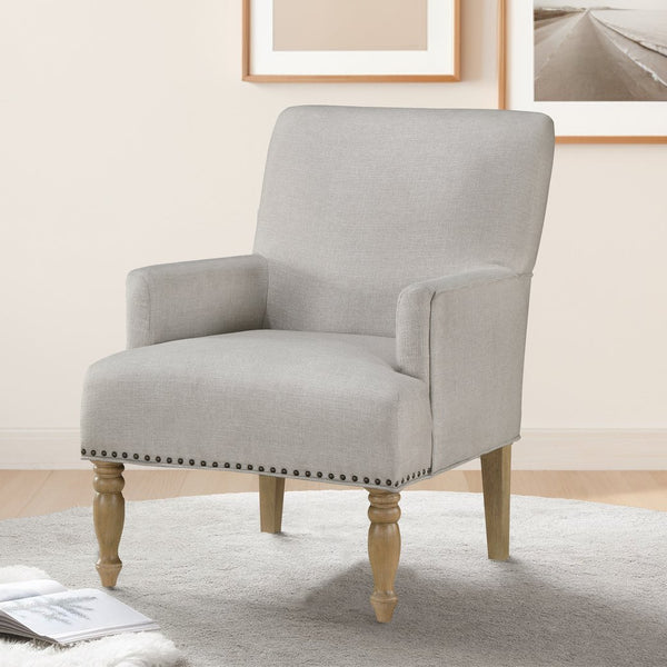 English Elm Alice Beige Arm Chair with Pecan Legs, Brass Nailhead Trim, Pocket Coil Springs, Easy-Clean Polyester Upholstery B050P229959