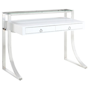 English Elm Serrano Glossy White Writing Desk with Tempered Glass Hutch, Polished Chrome Frame & 2 Drawers — Modern 48" MDF Workspace Perfect for Home Office Elegance B062S00713